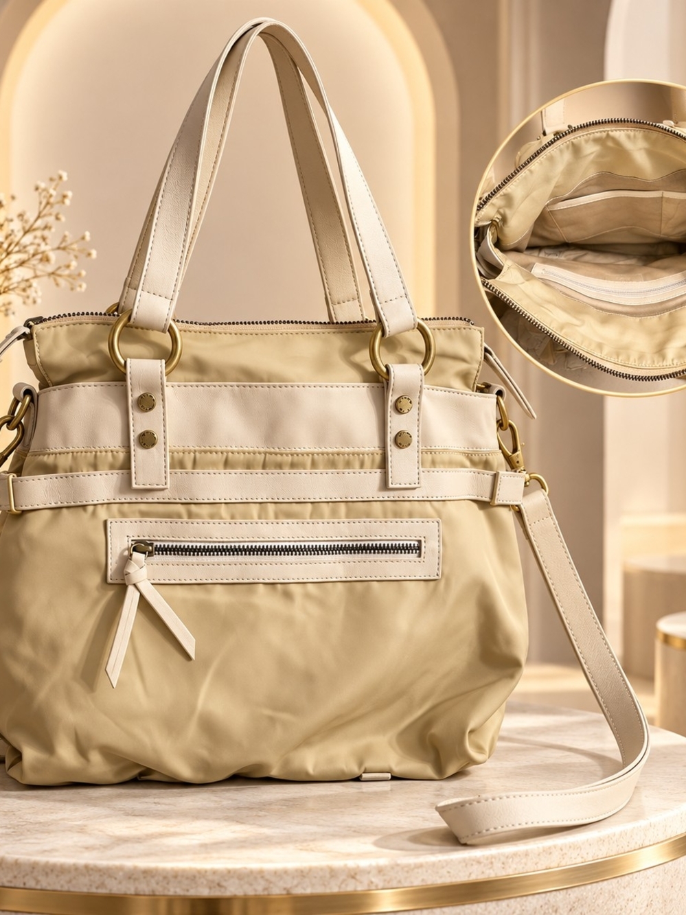 Versatile Cream Shoulder Tote Bag with Contrast Trim